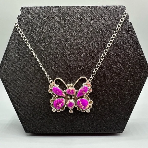 Sterling Silver 925 Purple Sea Sediment Jasper Butterfly Pendant Necklace 🦋